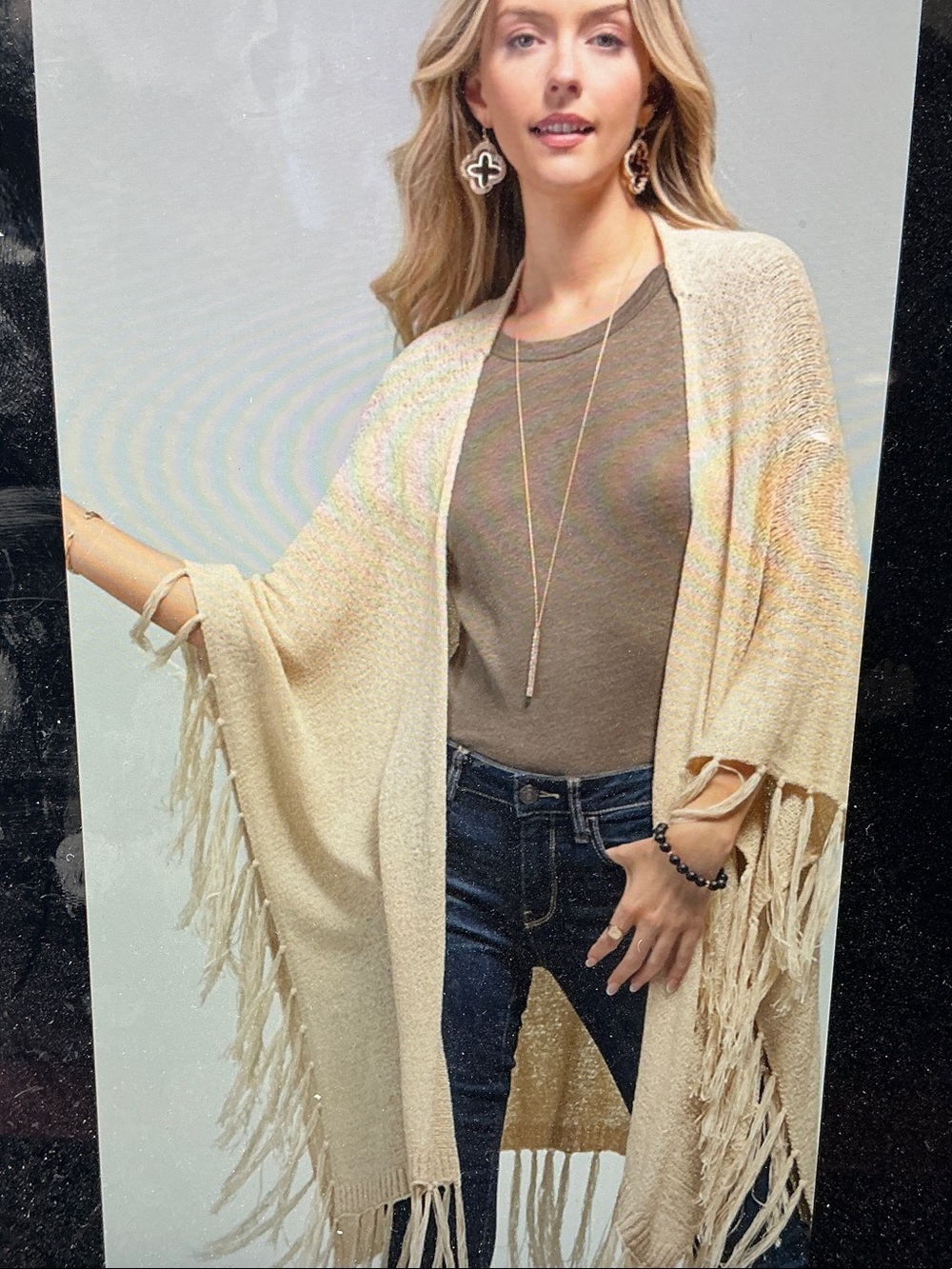 Fringed Open-Front Poncho Sweater - Cream